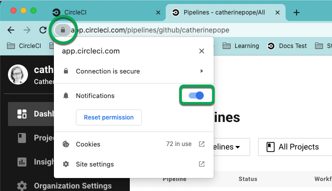 Screenshot showing how to enable web notifications in Google Chrome