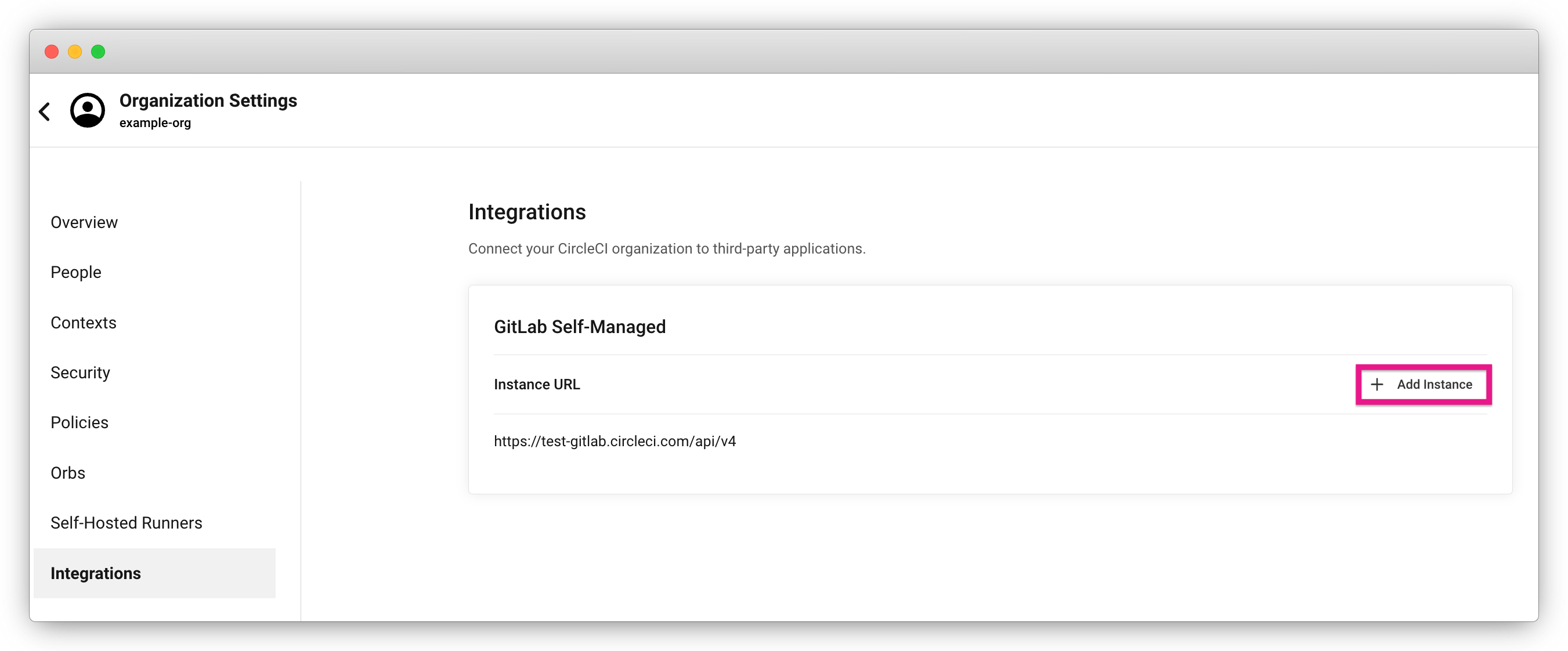 Add a new self-managed instance on the Integrations page