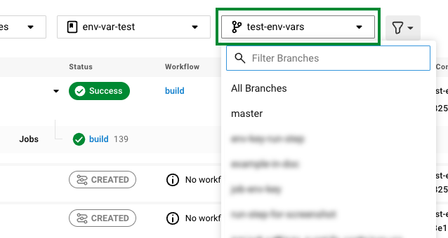 screenshot showing location of branch filter on pipelines dashboard