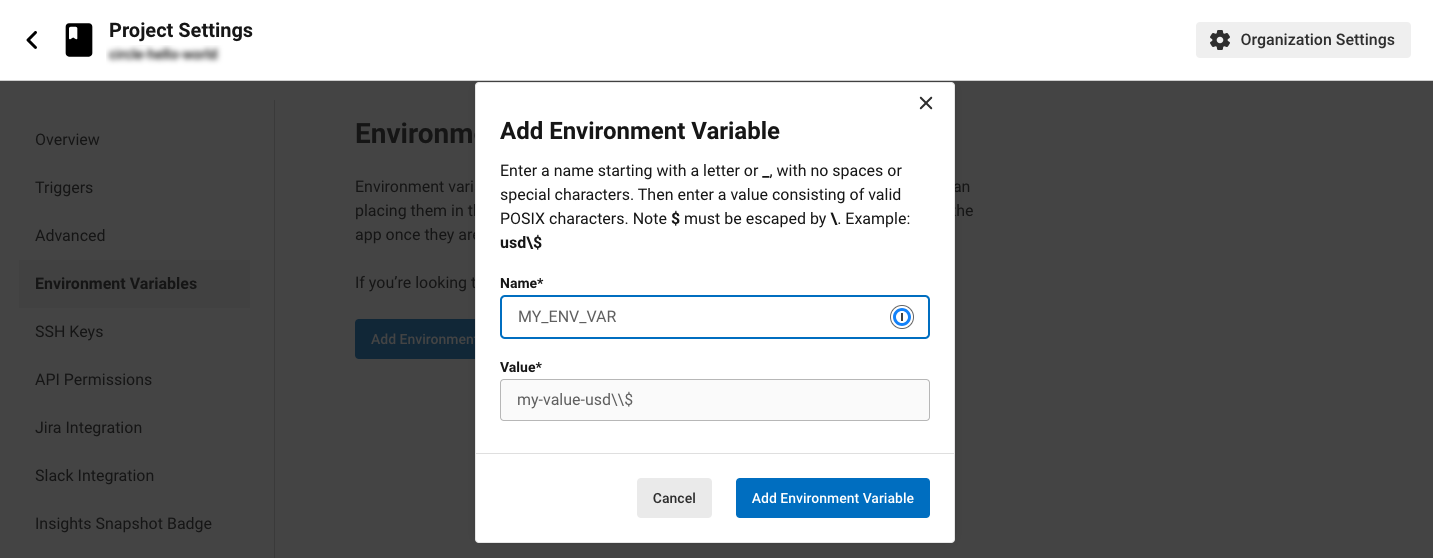 Screenshot showing add environment variable popup