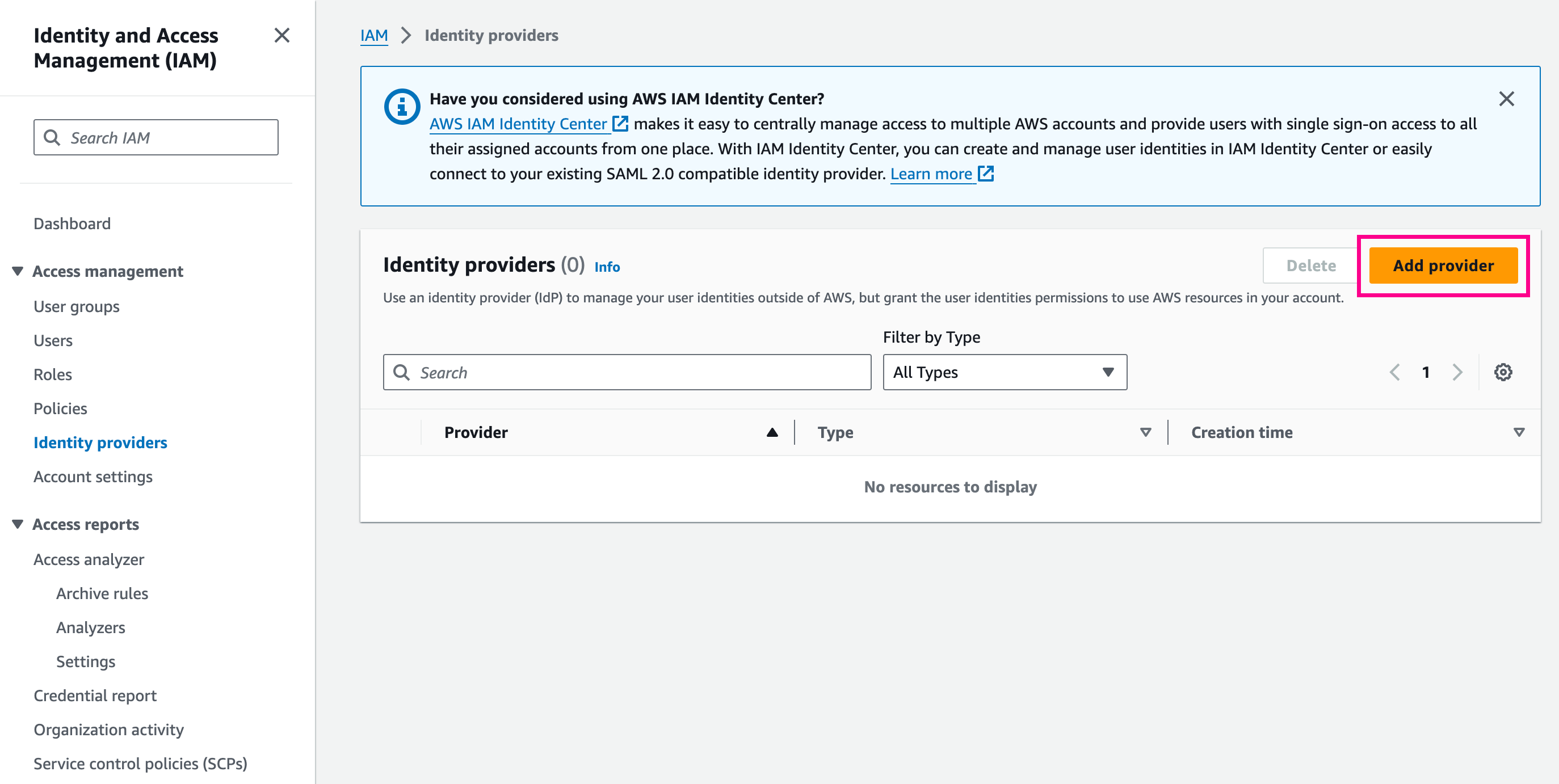 Screenshot showing AWS management console Add Provider option