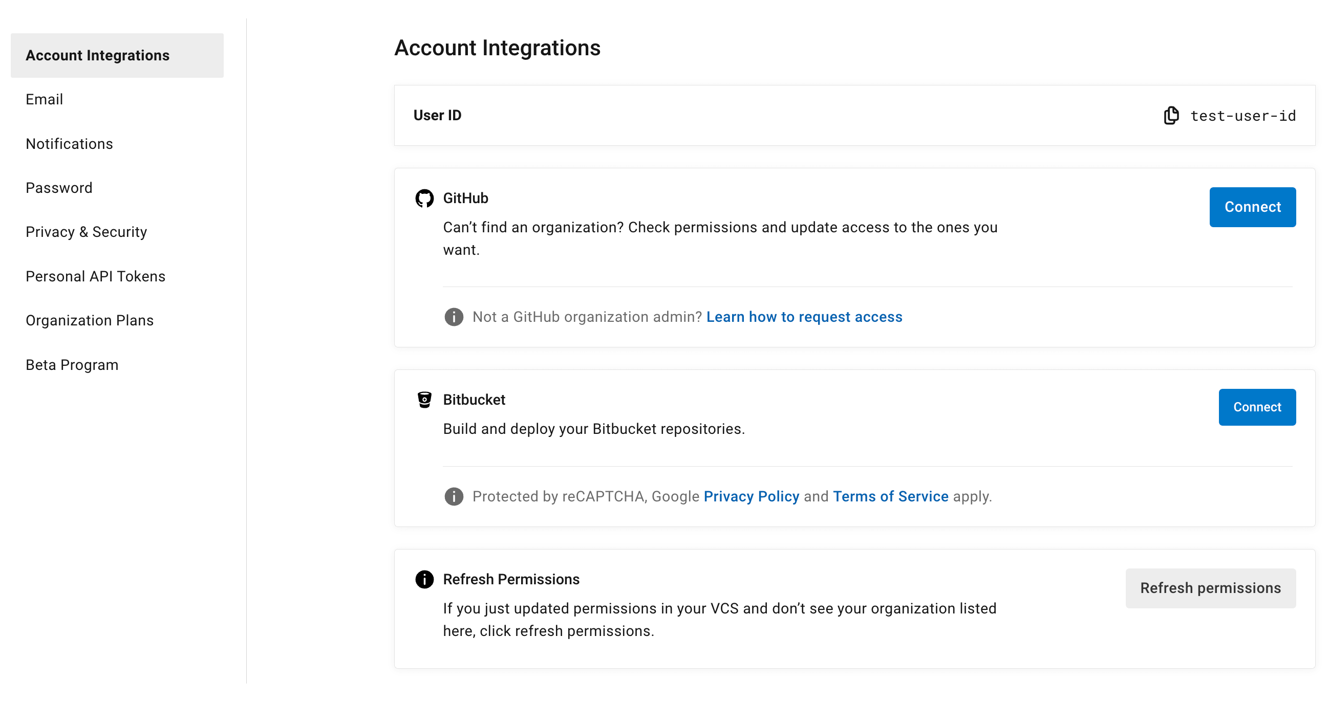 User account integrations page