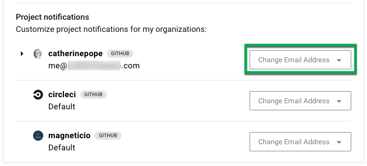 Screenshot showing how to change email address for each organization