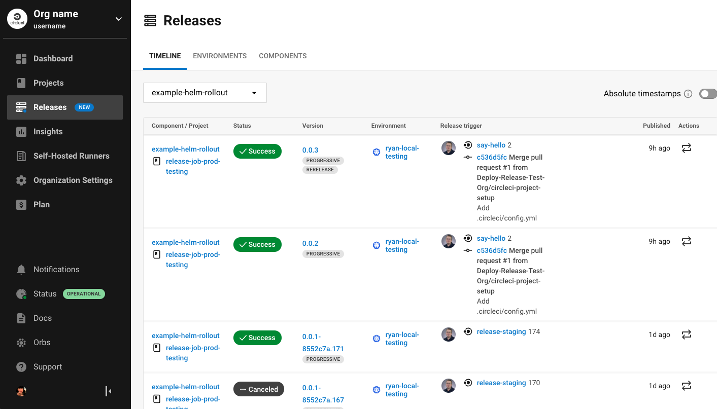 Screenshot showing the releases dashboard in the CircleCI web app