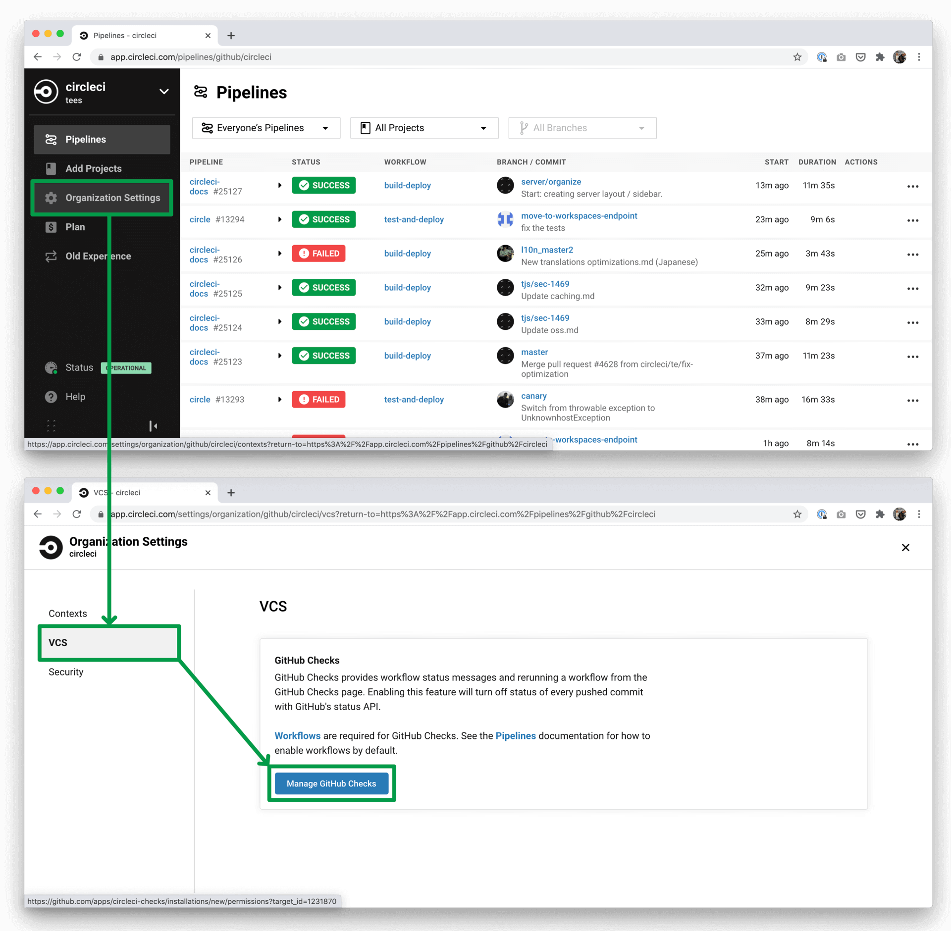 CircleCI の VCS 設定ページ