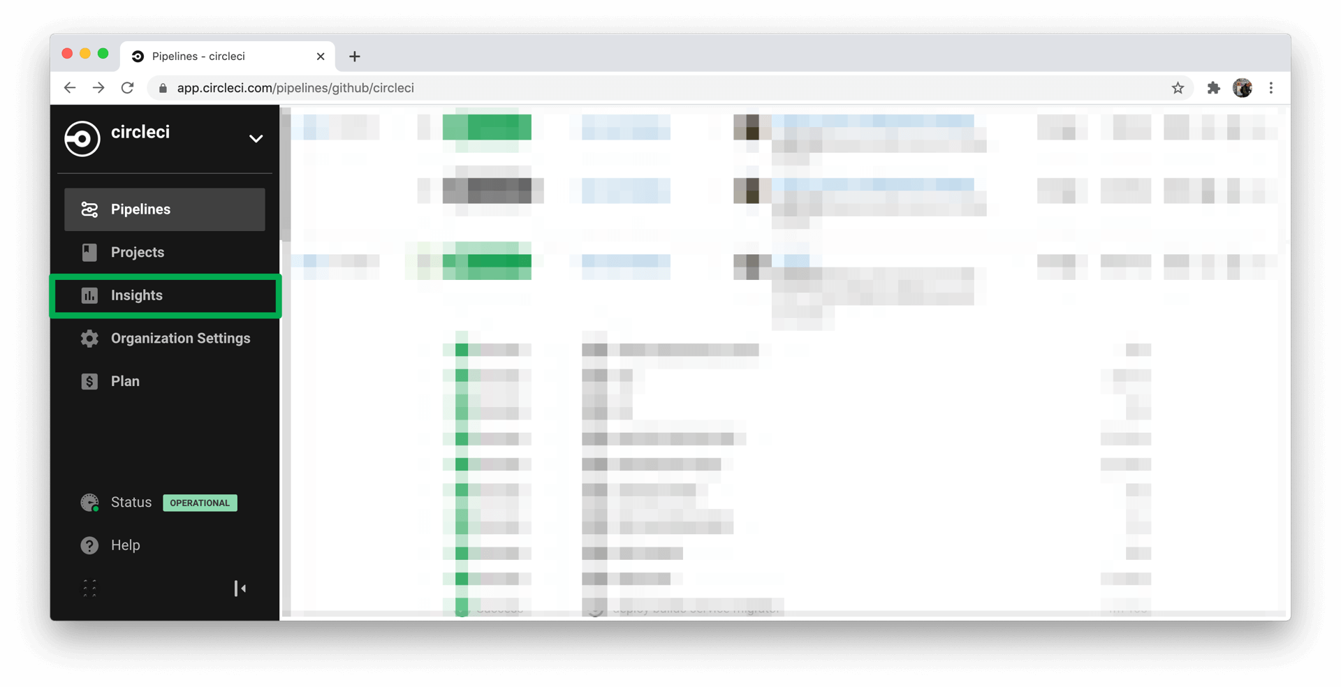 CircleCI Web アプリのサイドばーからインサイトにアクセスする