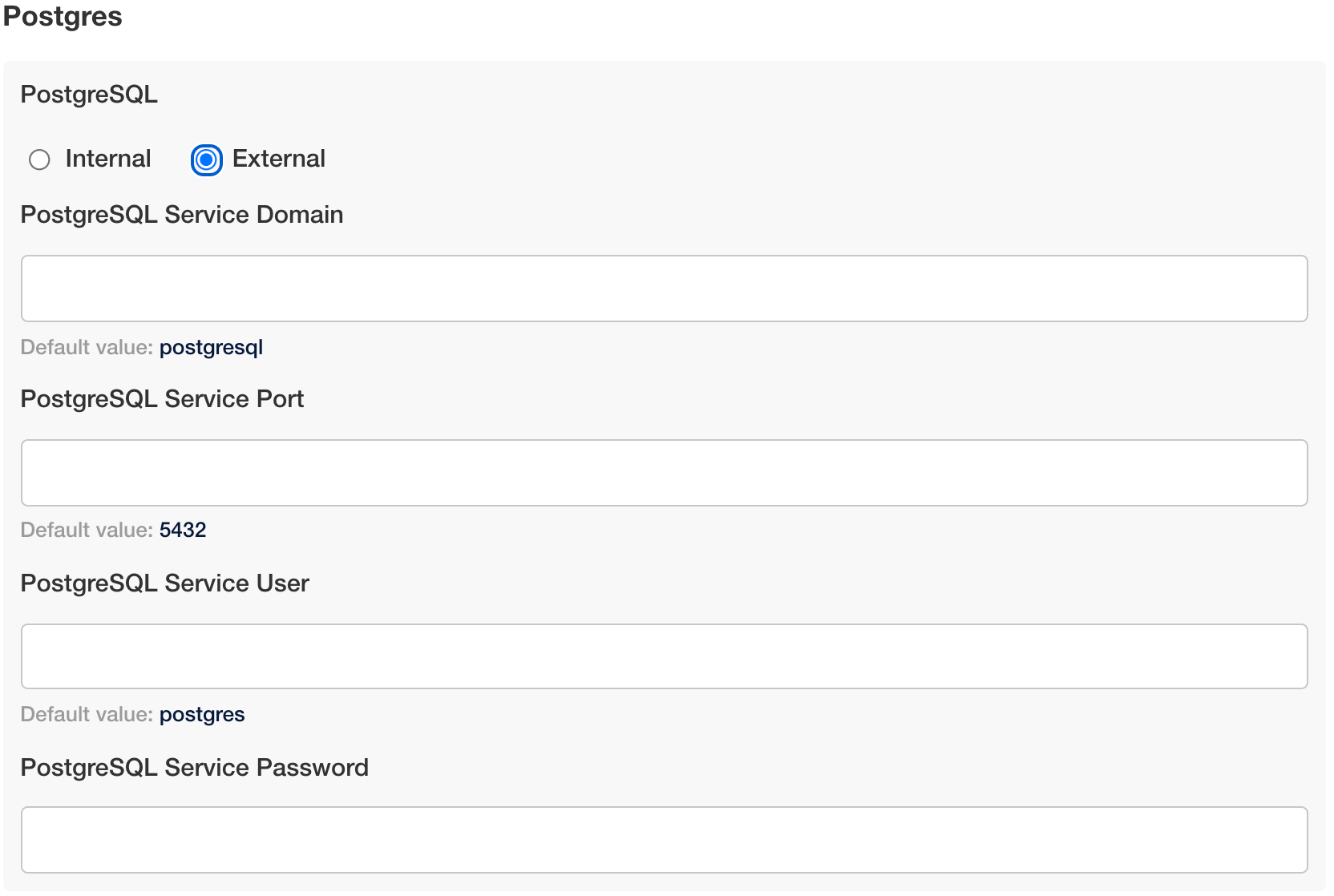 Screenshot of KOTS admin console config showing settings for using an external PostgreSQL instance
