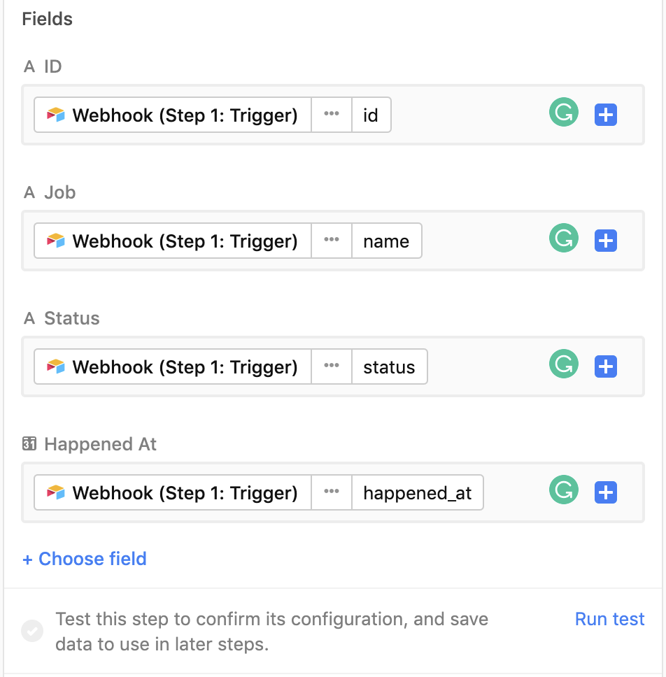 Map columns of table to webhook data