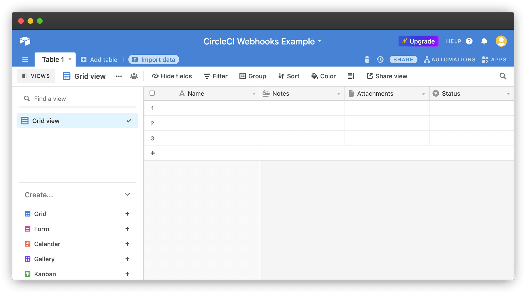 Creating a new base in Airtable