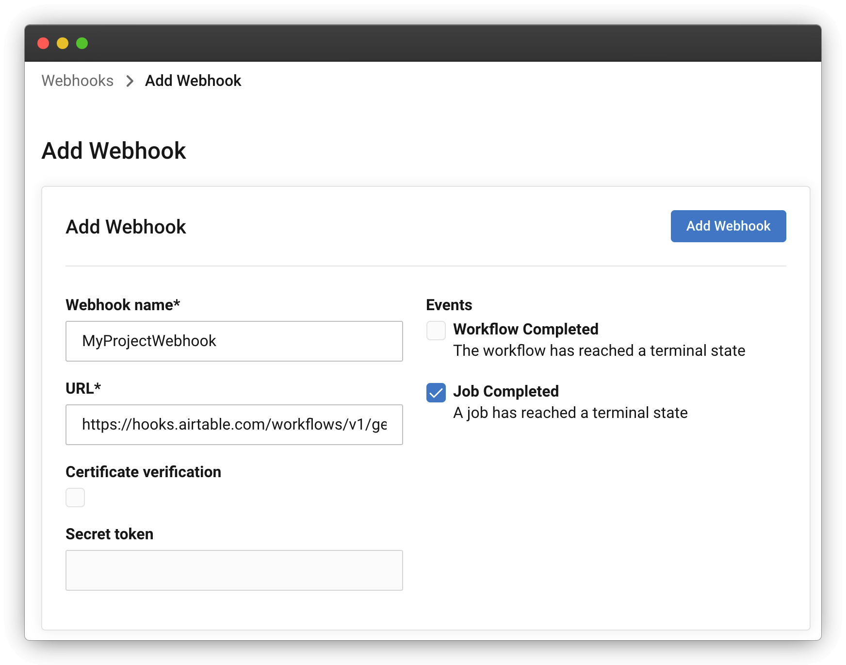 Entering details for a webhook