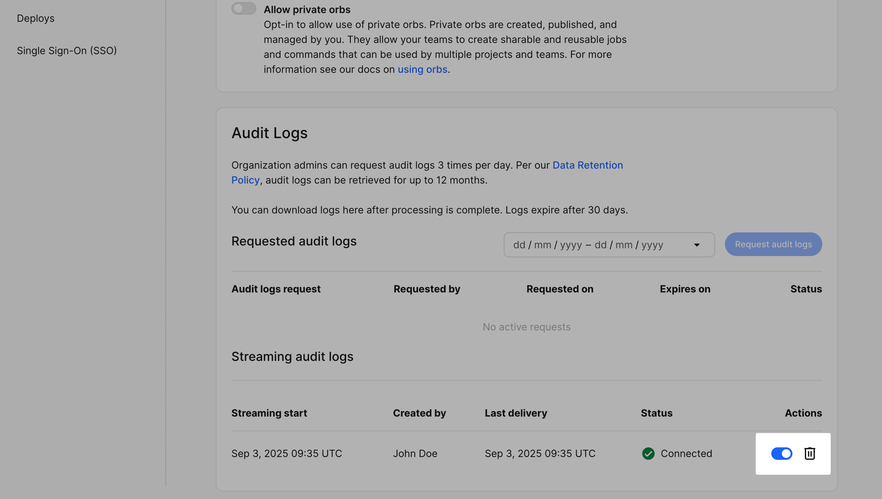 Audit log stream actions