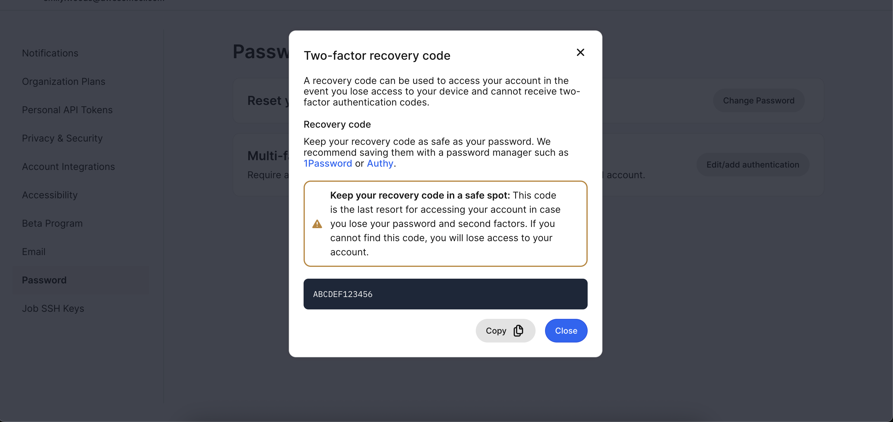 Password and authentication page displaying new recovery code