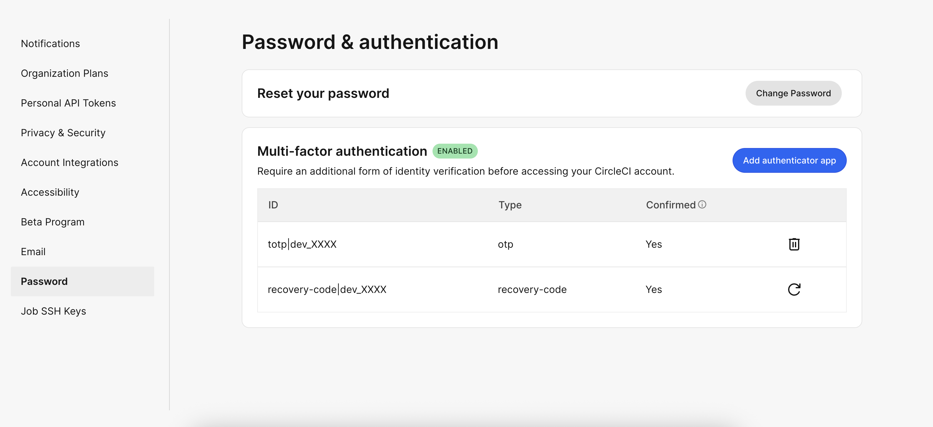 Password and authentication page with MFA enabled