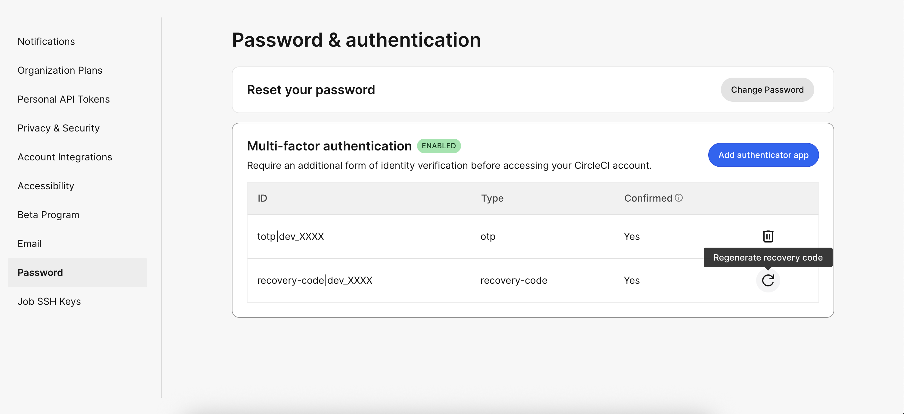 Password and authentication page with regenerate recovery code button