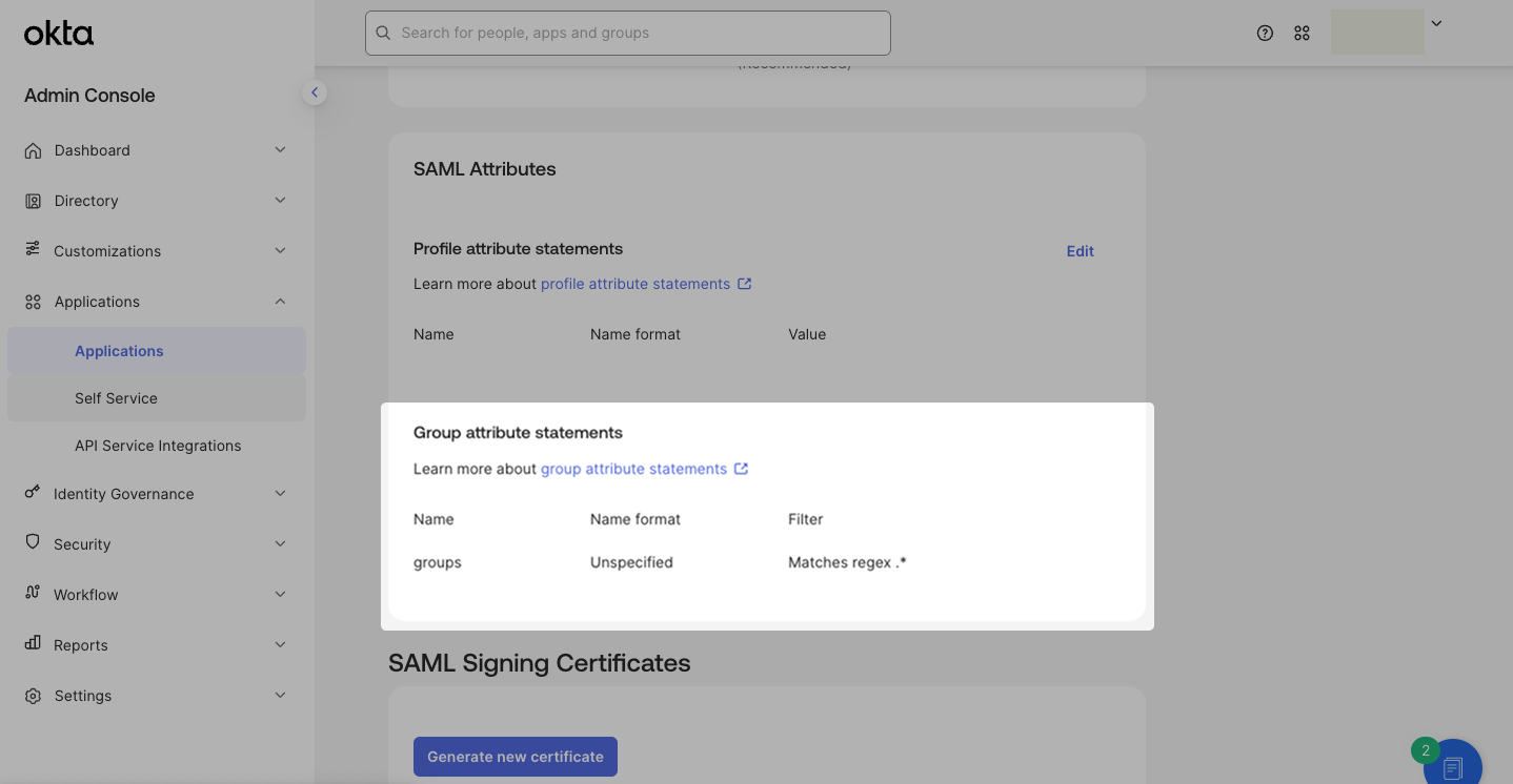 Screenshot of the Okta SSO group attribute settings