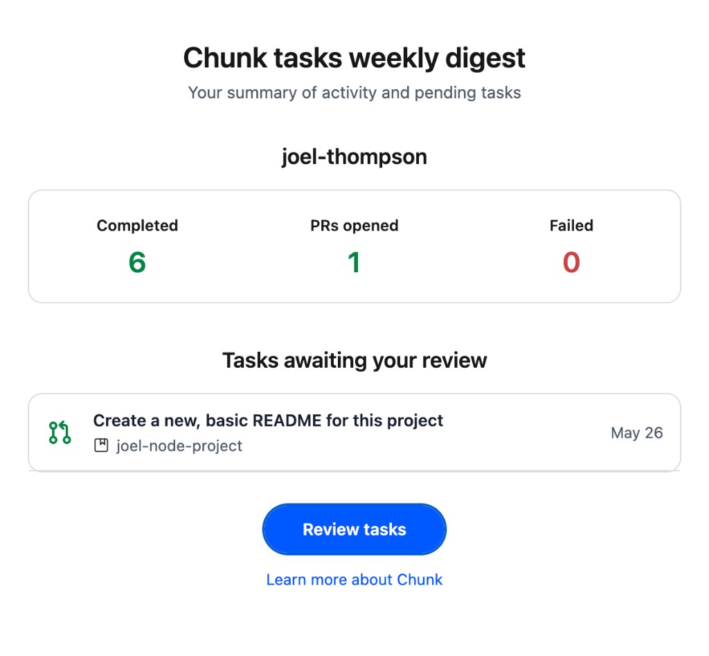 Chunk tasks weekly digest email