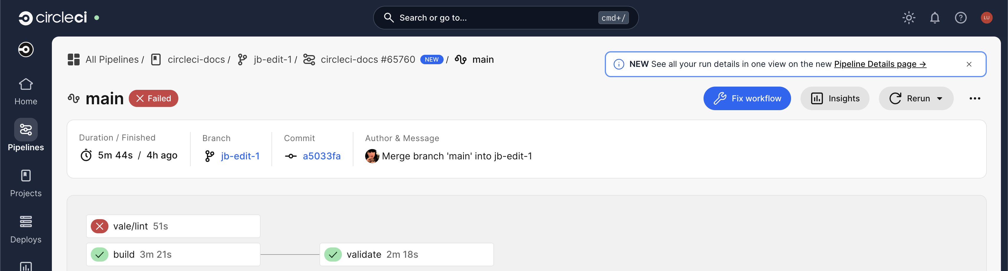 Fix workflow (Beta) button in the workflow header