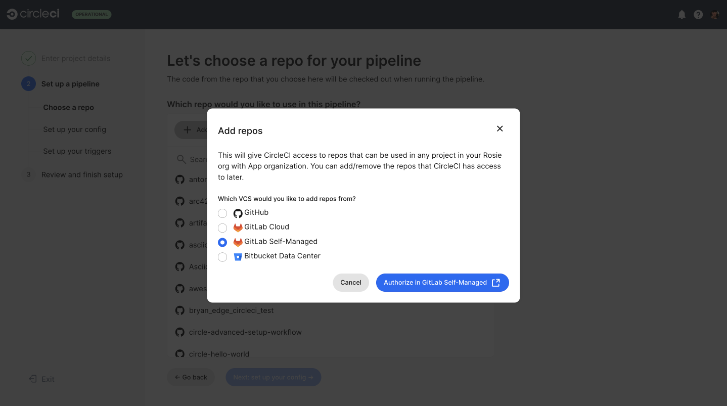 Option to authorize a new VCS integration