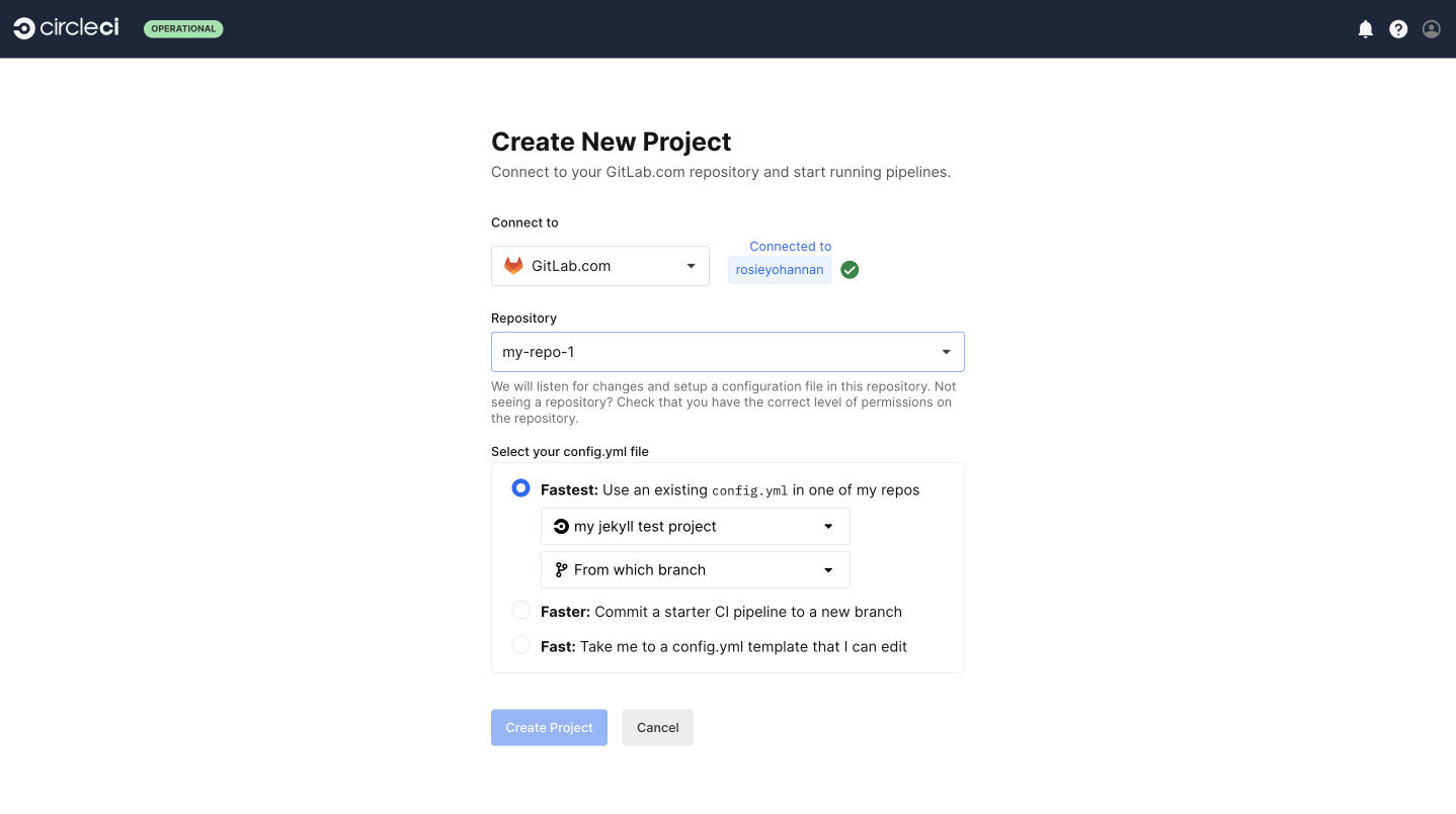 Create new project window