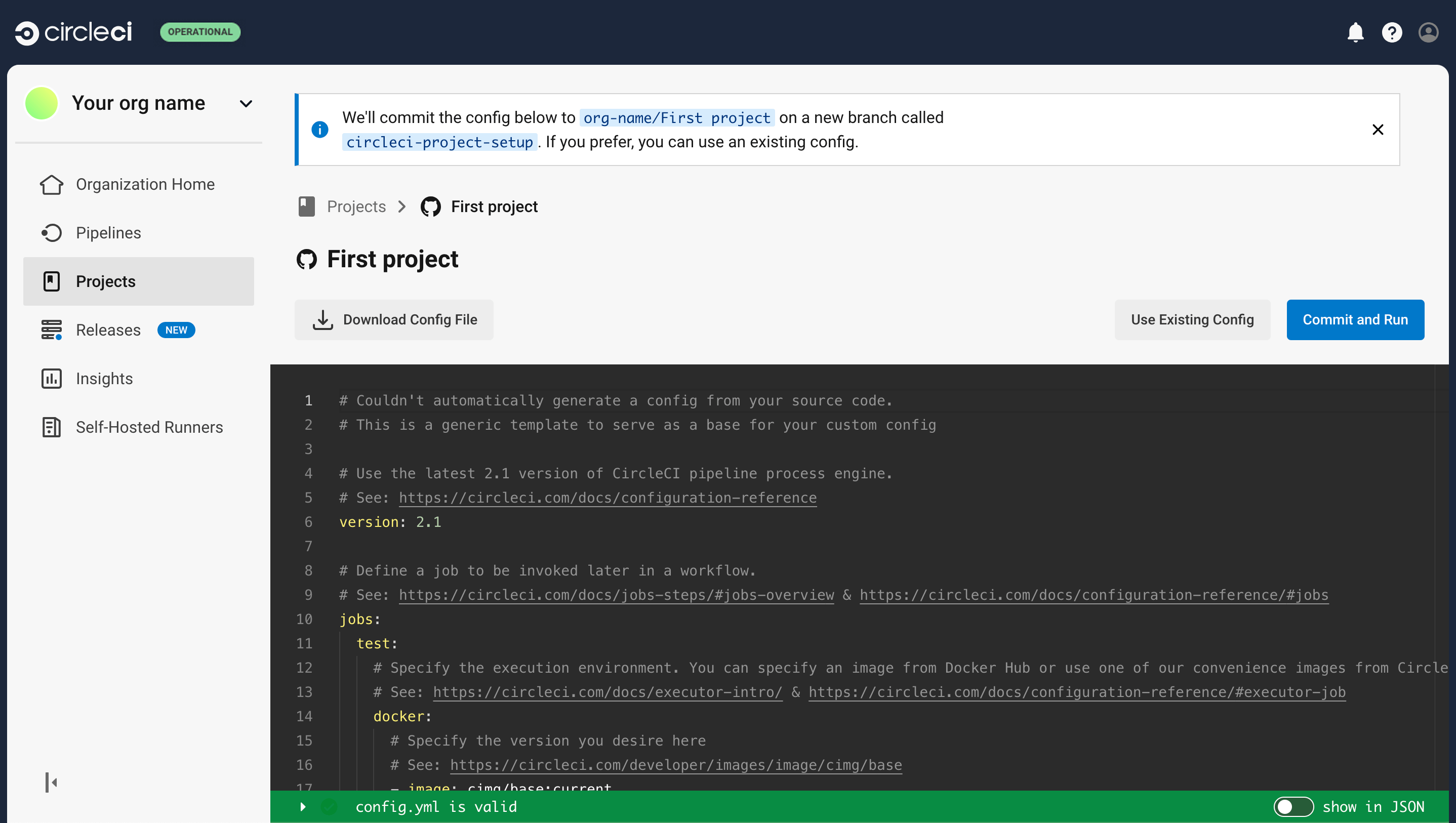 Window showing generated config and options to commit and run or use an existing config
