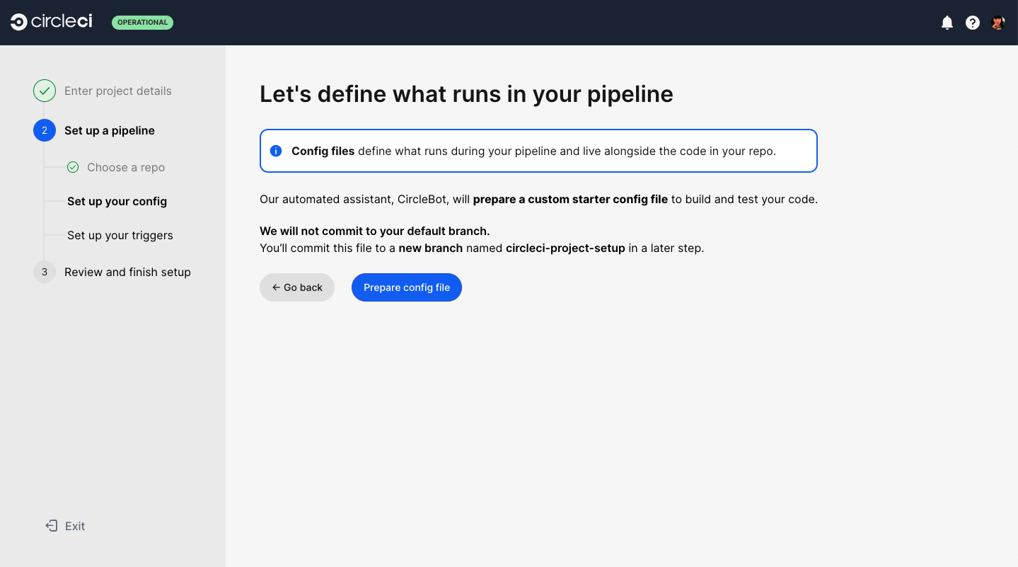 Screenshot showing options to set up your config file