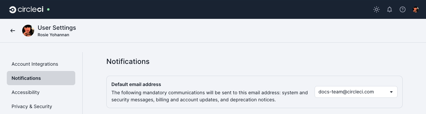 Screenshot showing how to change default email address and choose notifications