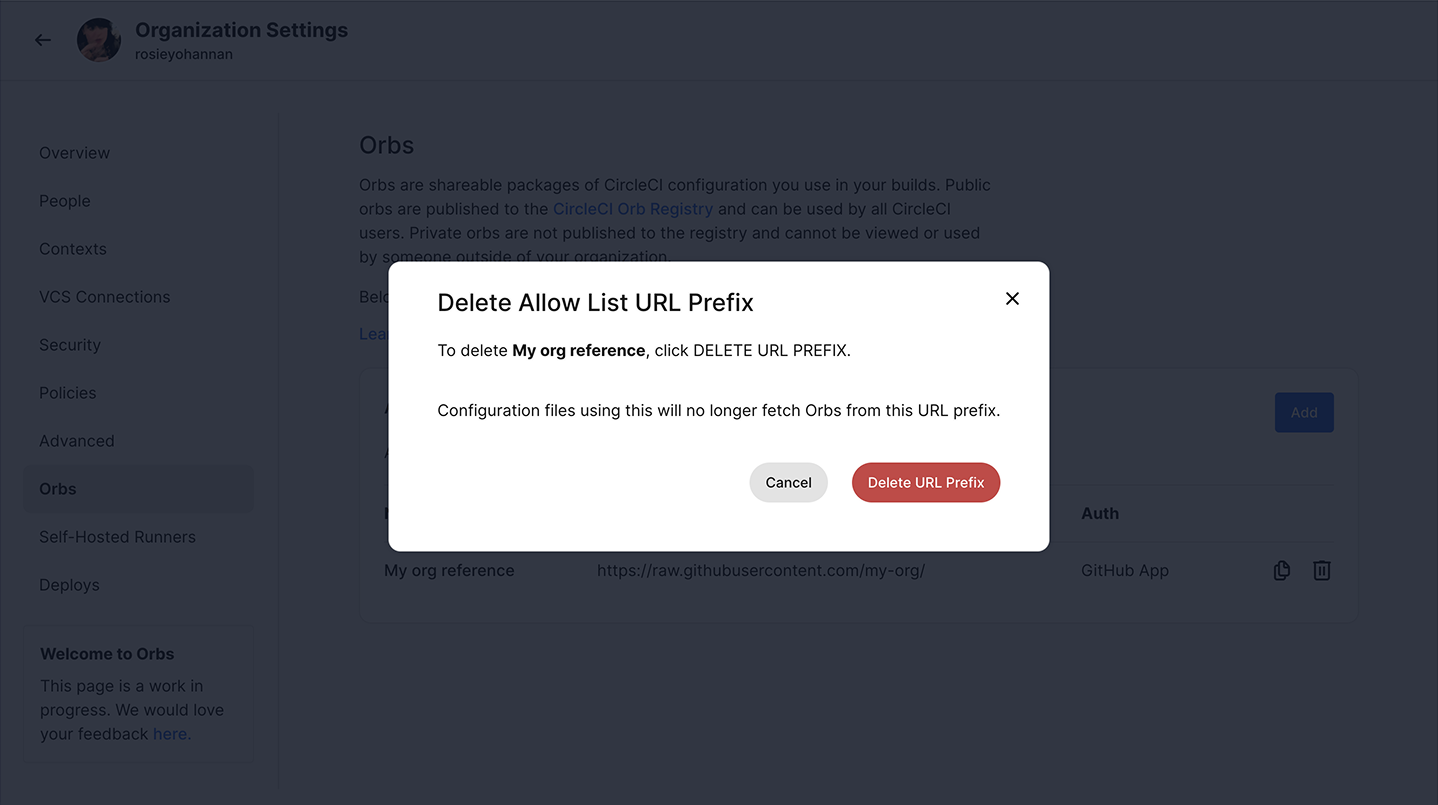 Delete URL Prefix modal