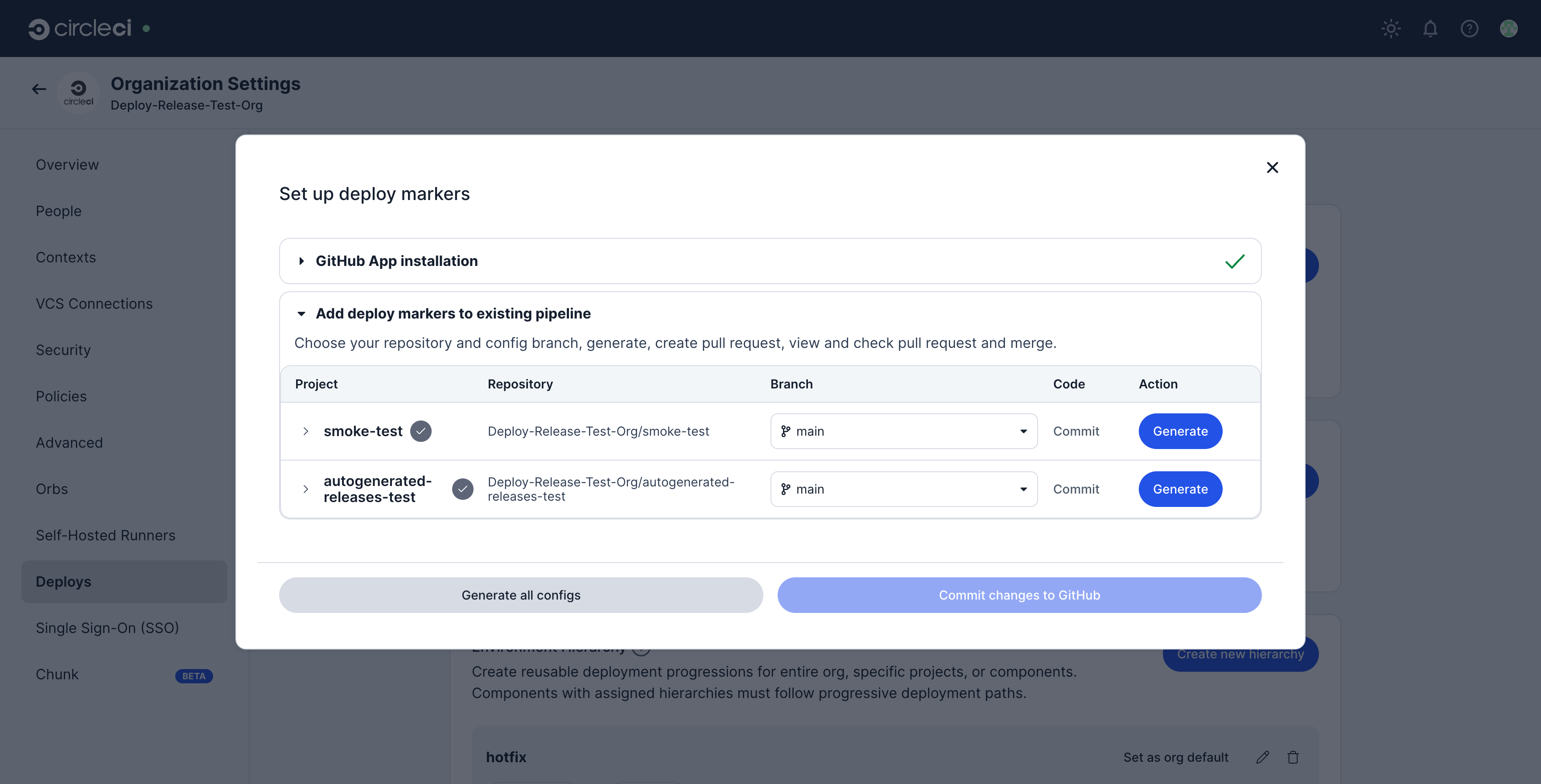 Configuration generation page showing selected projects with repository and branch details and Generate buttons