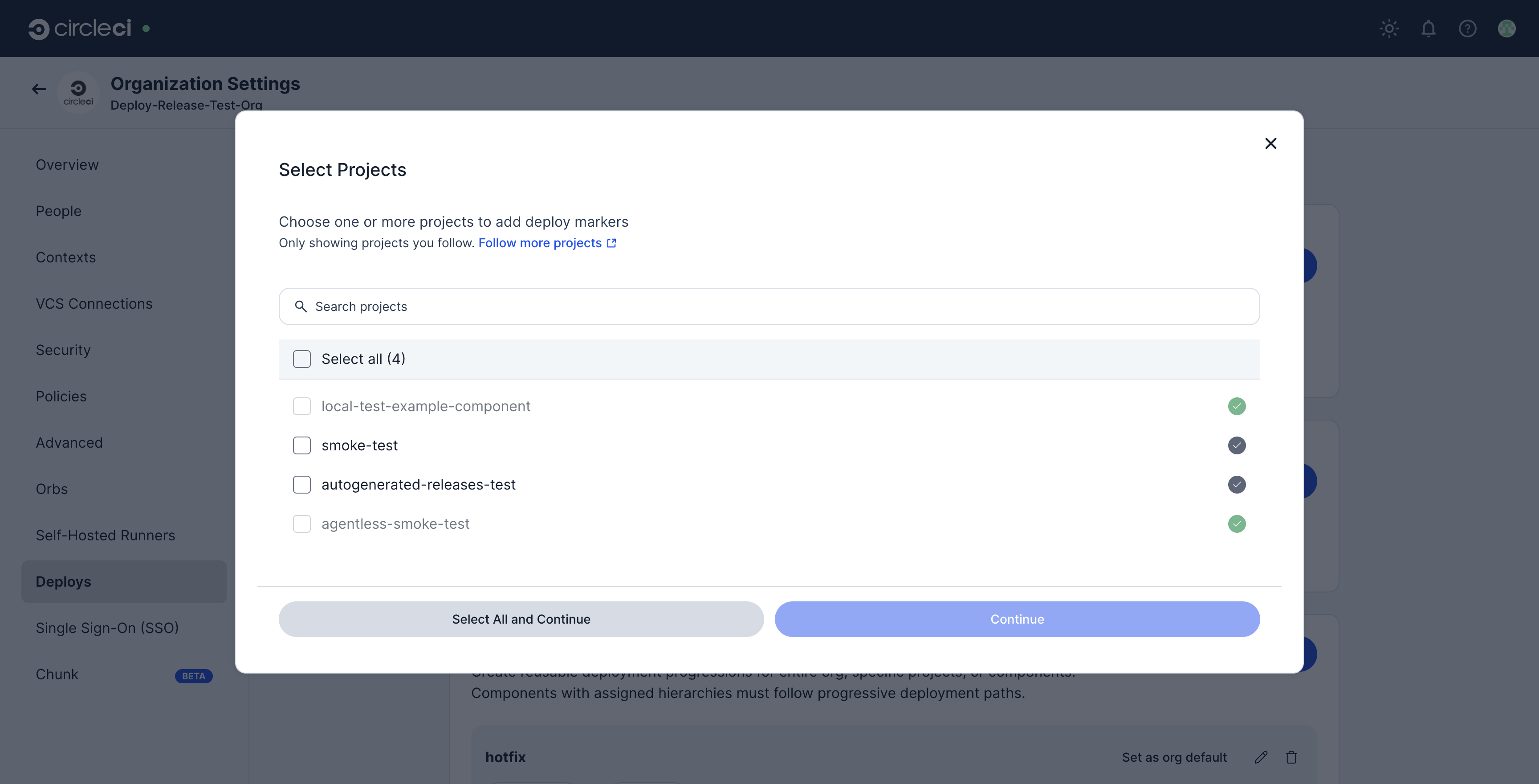 Project selection modal showing a list of followed projects with checkboxes