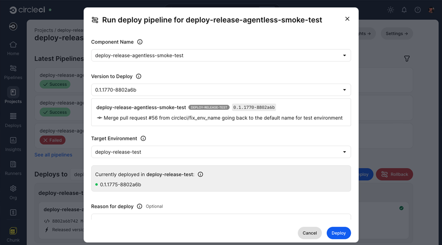 Deploy execution modal