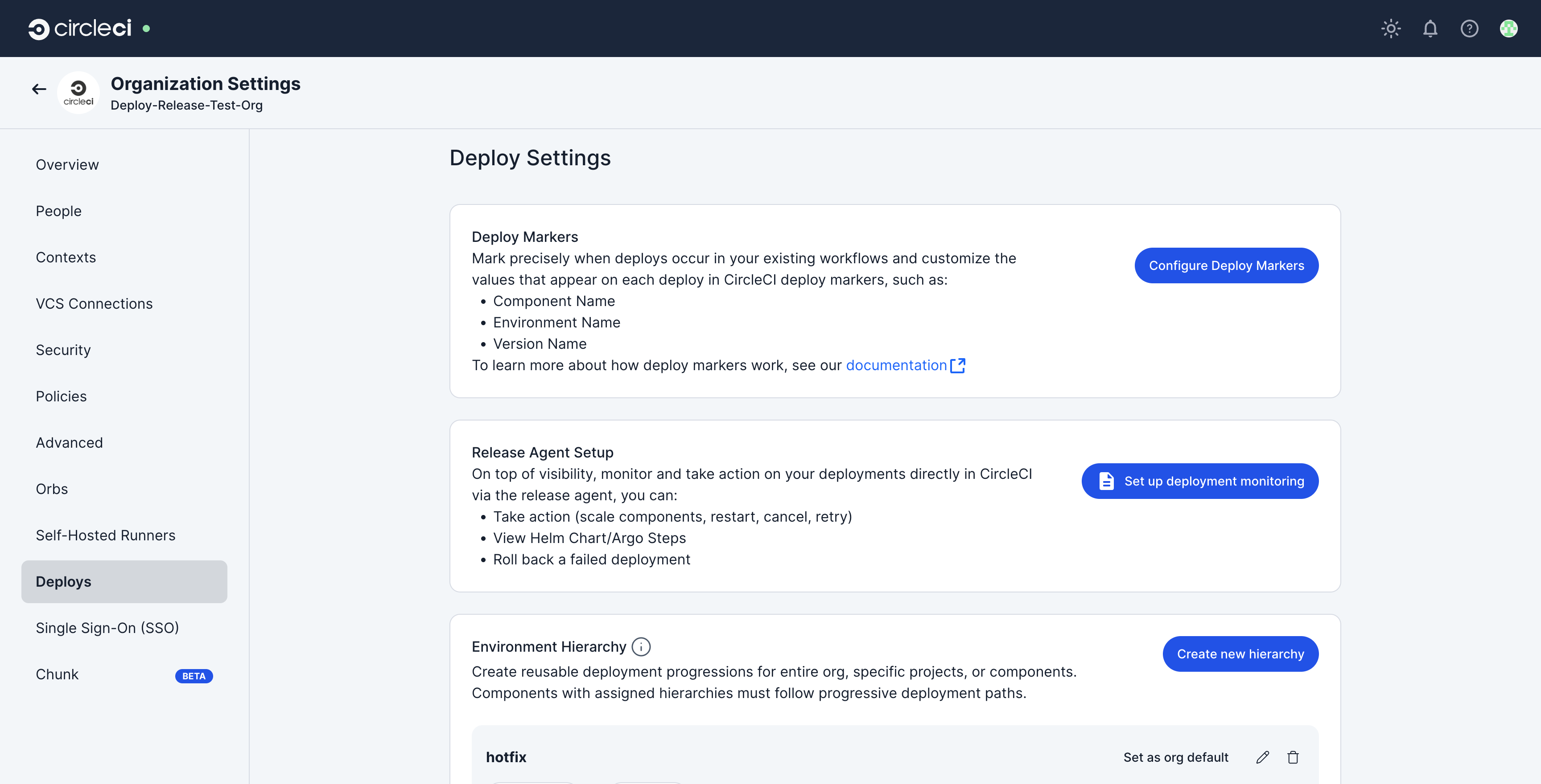 Organization Deploy Settings page showing the Configure Deploy Markers button