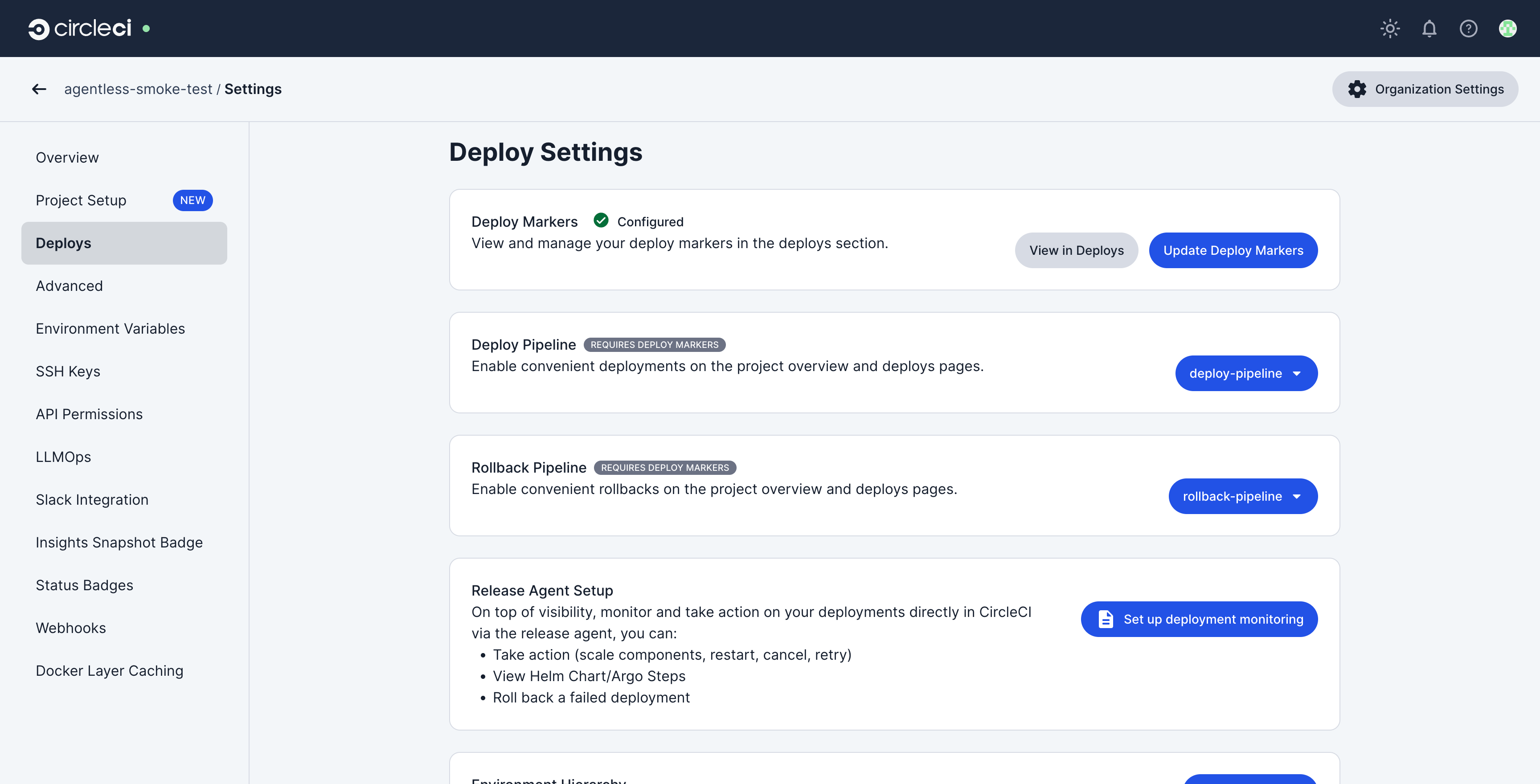 Project Deploy Settings page showing the Deploy Markers card with Configure deploy markers button
