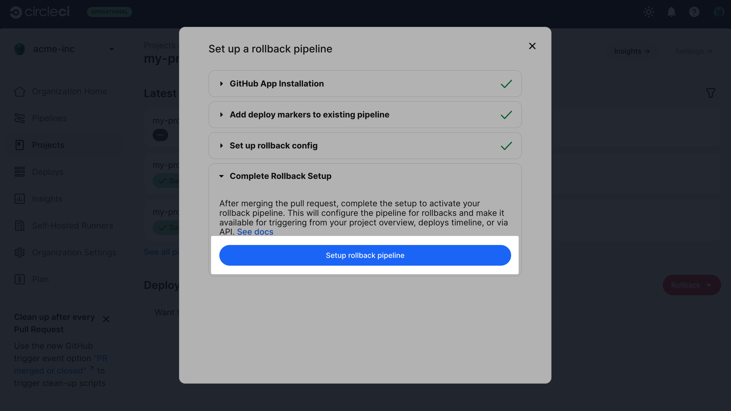 Setup rollback pipeline button