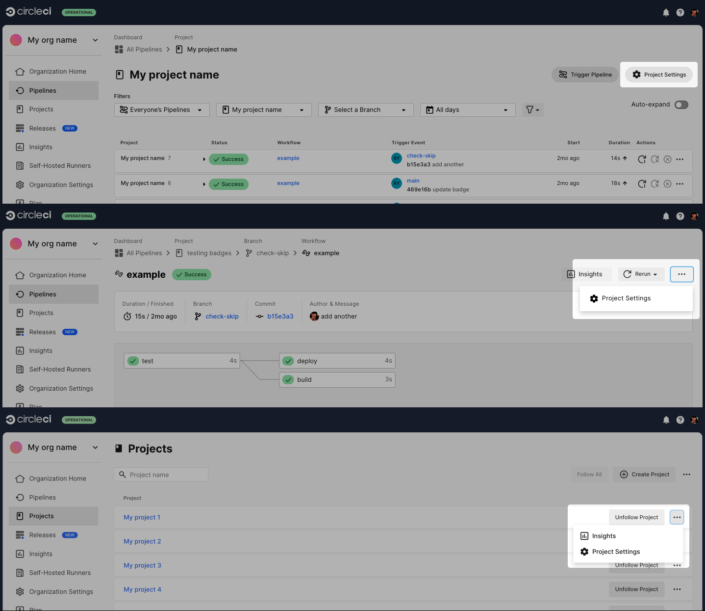 Where to find project settings page in the CircleCI web app