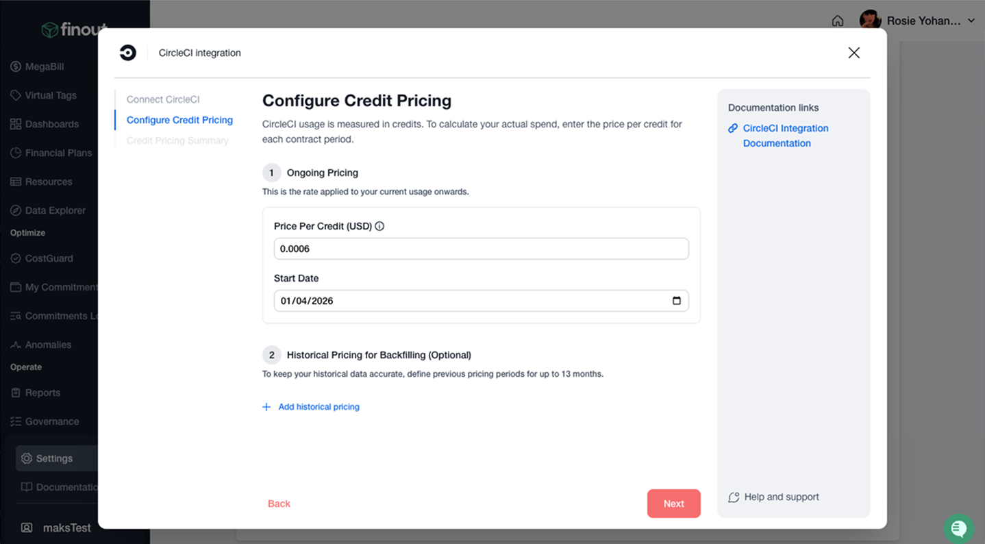 screenshot showing the Finout credit pricing configuration