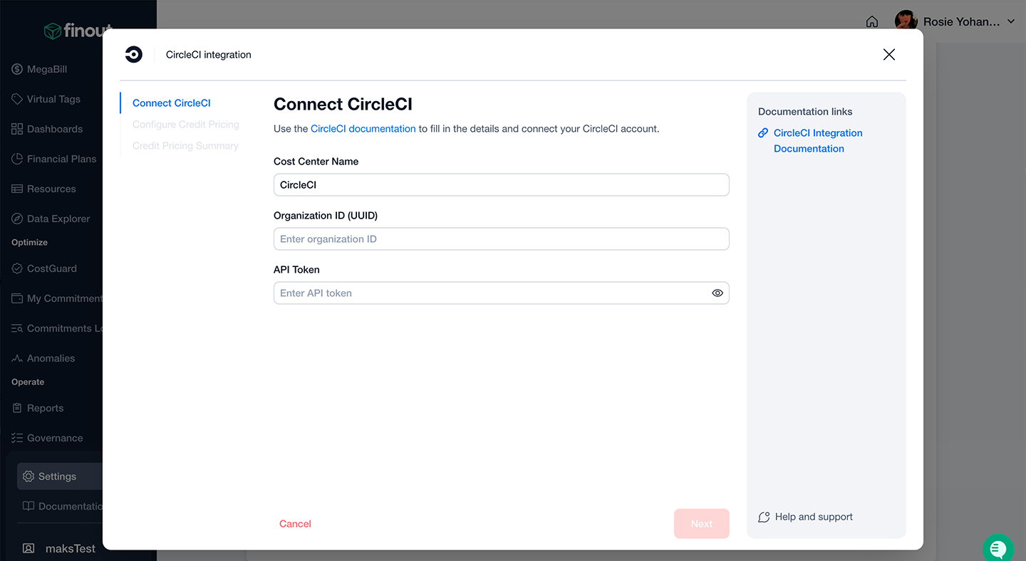 screenshot showing the Finout CircleCI integration settings