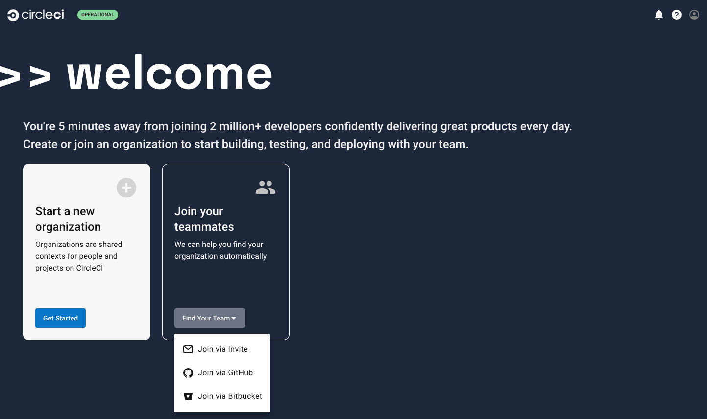 Screenshot showing the welcome screen with the find your team menu expanded