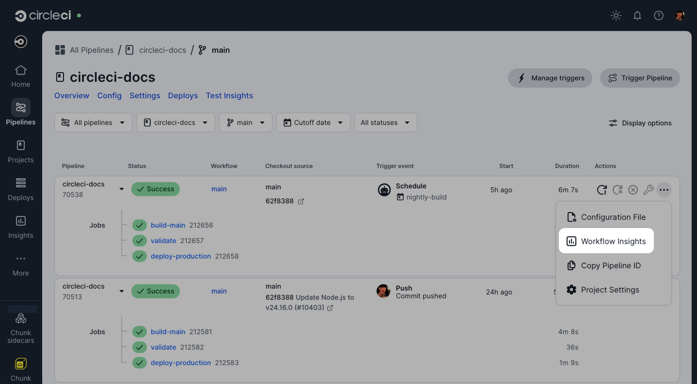 Access insights from a pipeline in the CircleCI web app