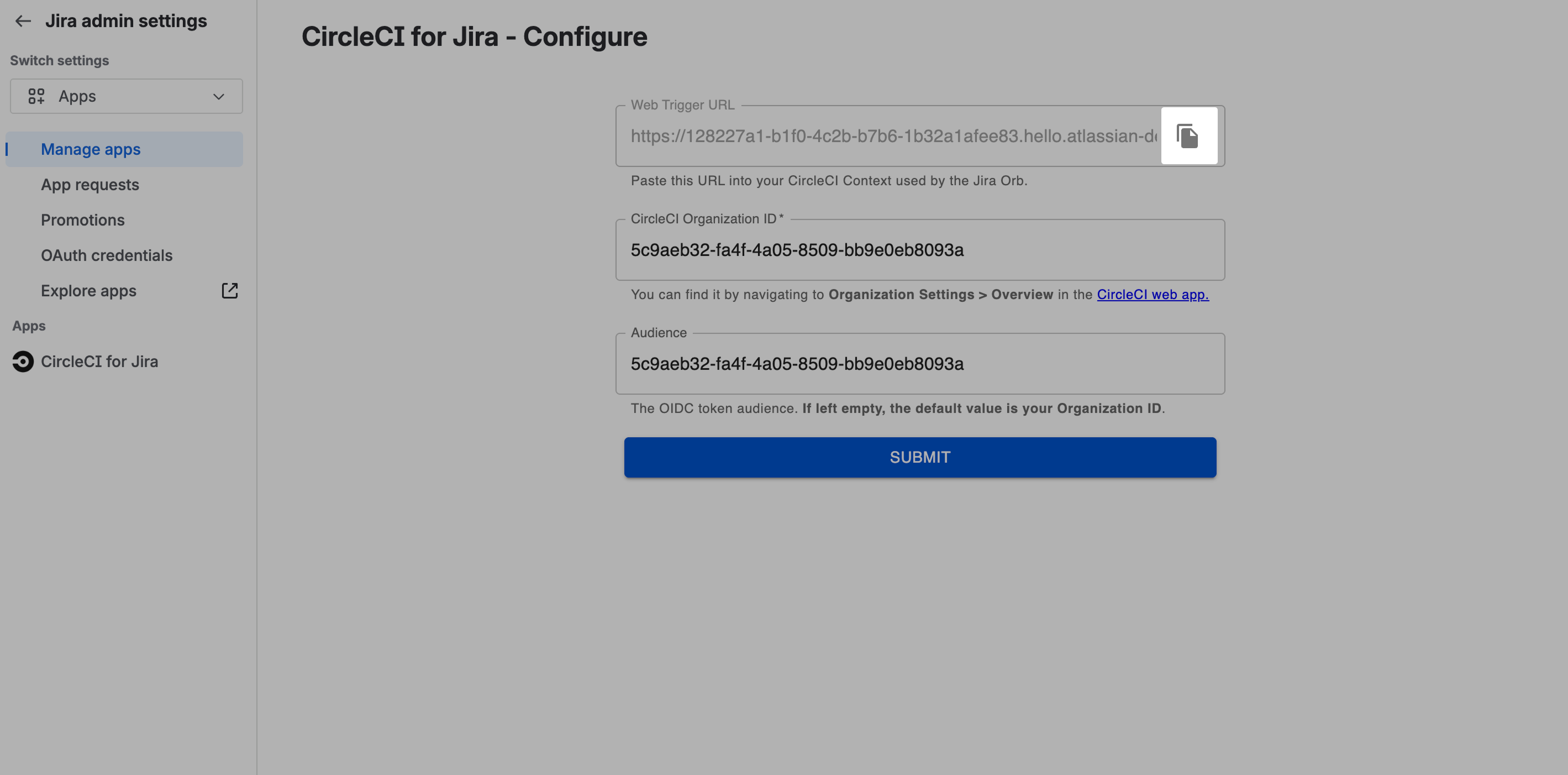 Click on button to copy the Webtrigger URL