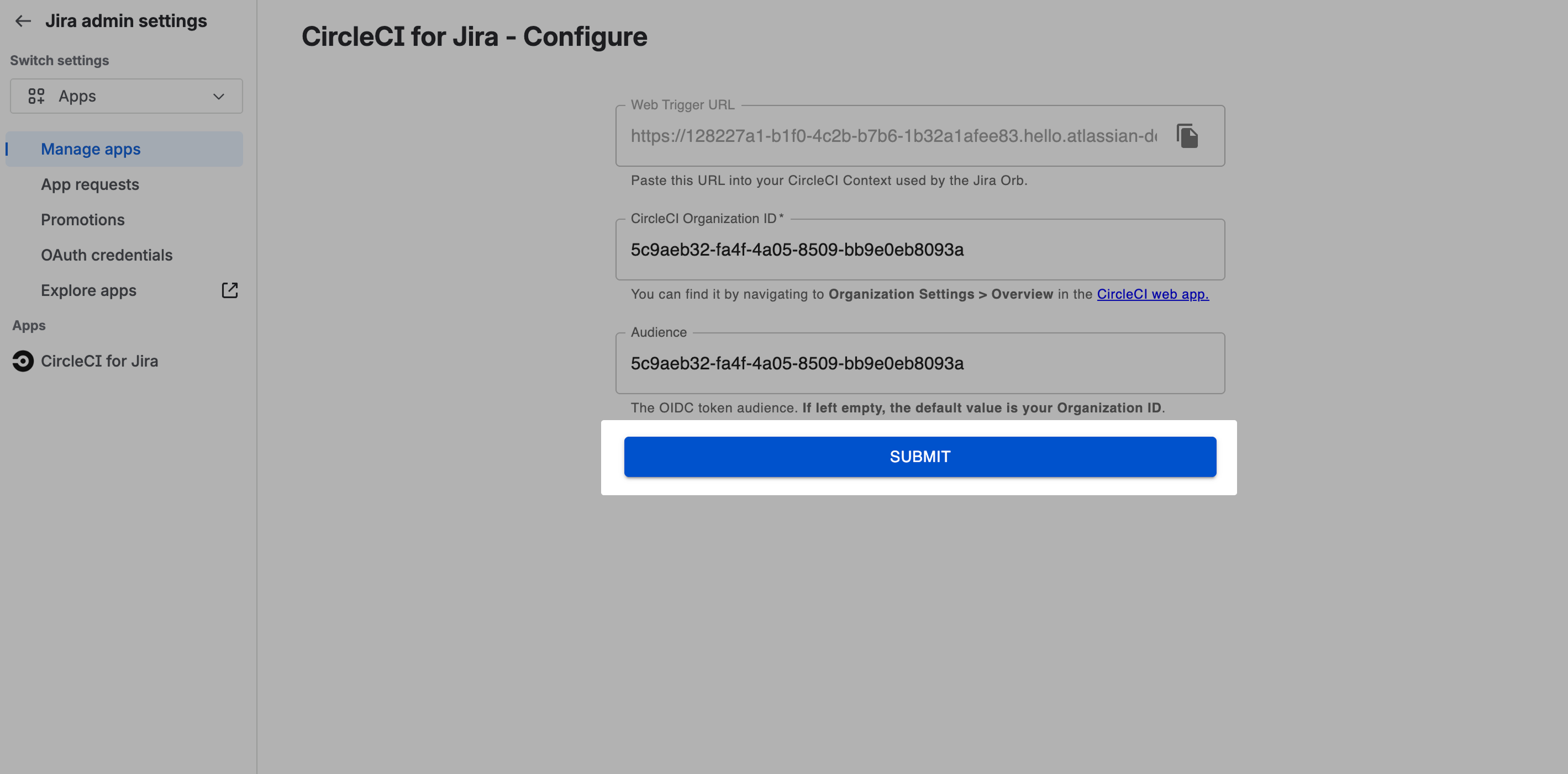 Set the Organization ID on the app Configure page