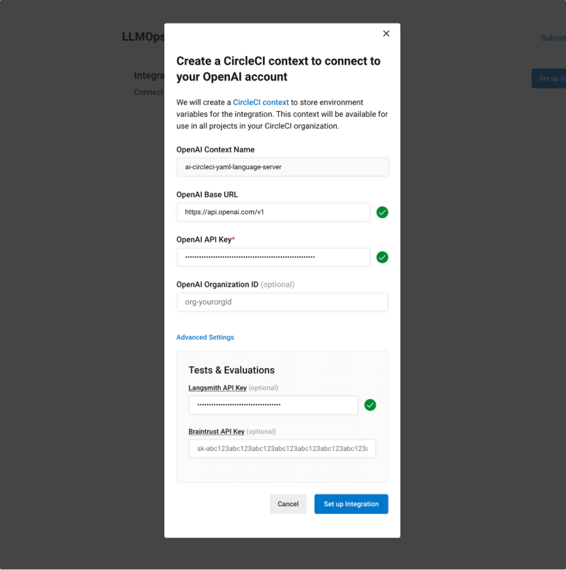 Project Settings > LLMOps: Create Context Modal Window in CircleCI