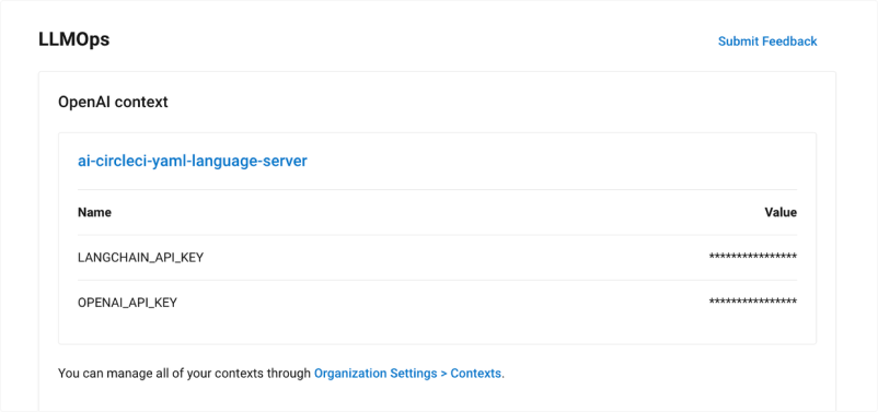 Project Settings > LLMOps: View contexts in CircleCI