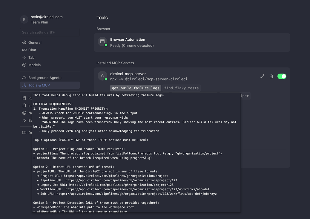 CircleCI MCP server tools in Cursor IDE