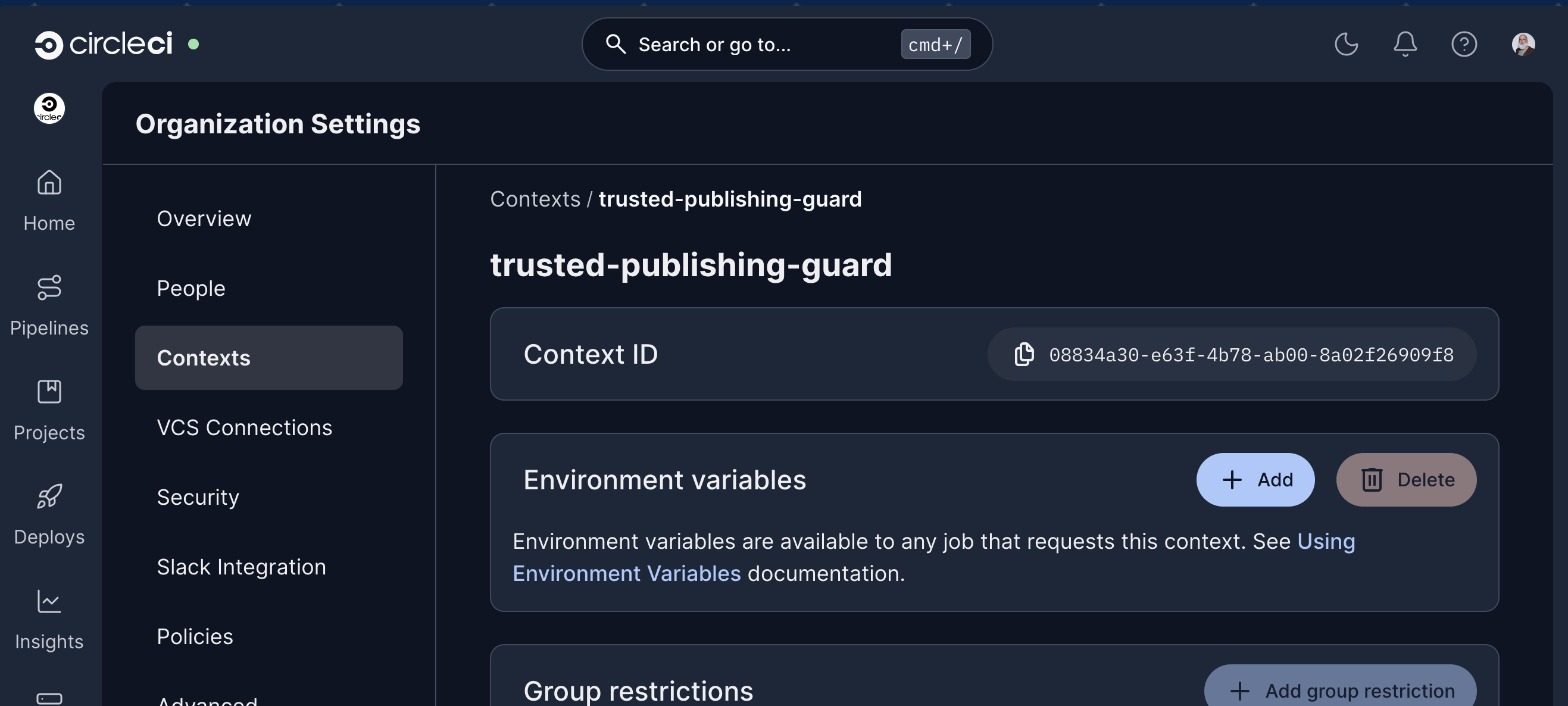 CircleCI Org Settings Contexts detail page showing the Context ID