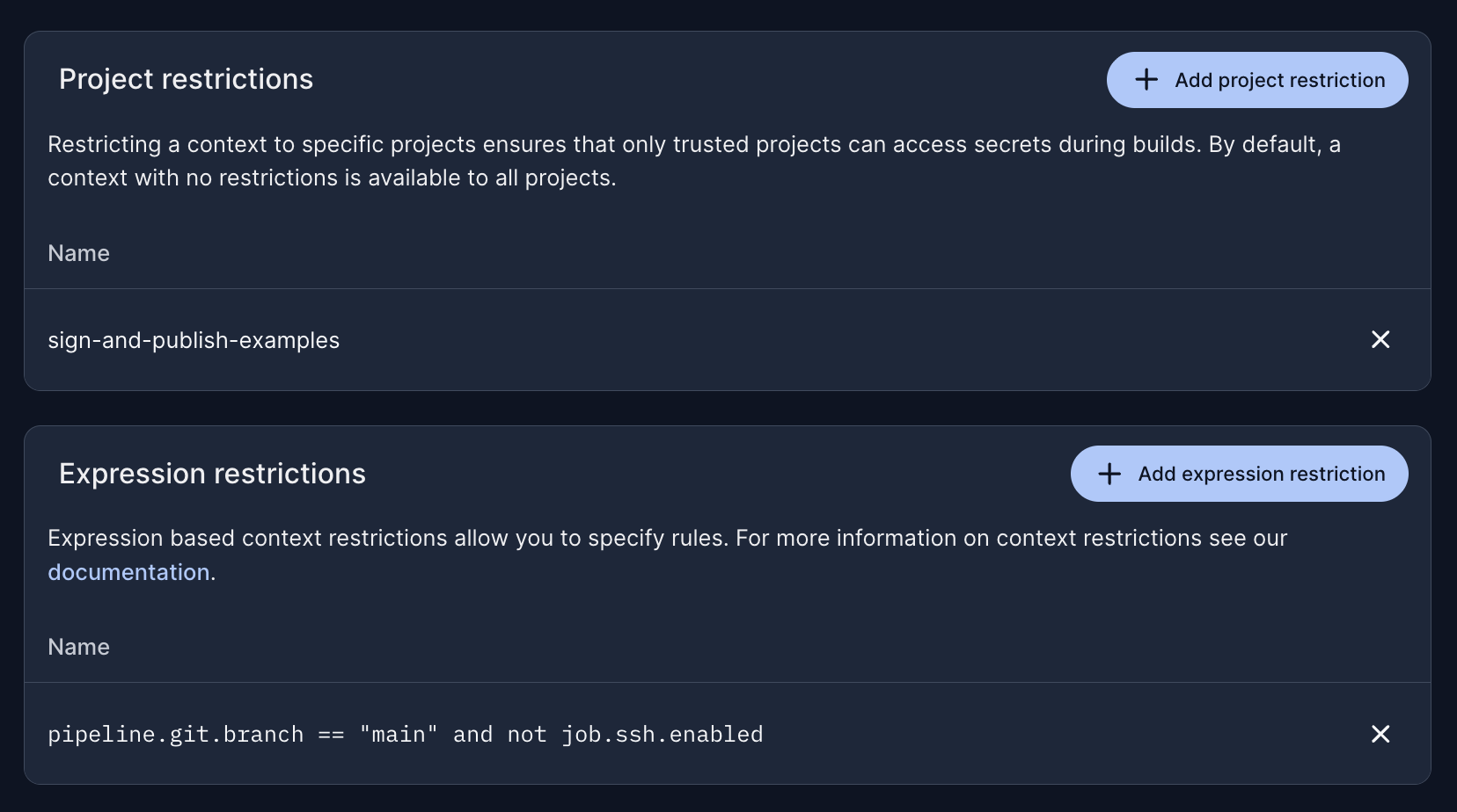 CircleCI context settings showing a project restriction limiting the context to one project and an expression restriction combining a branch match with an SSH-rerun block
