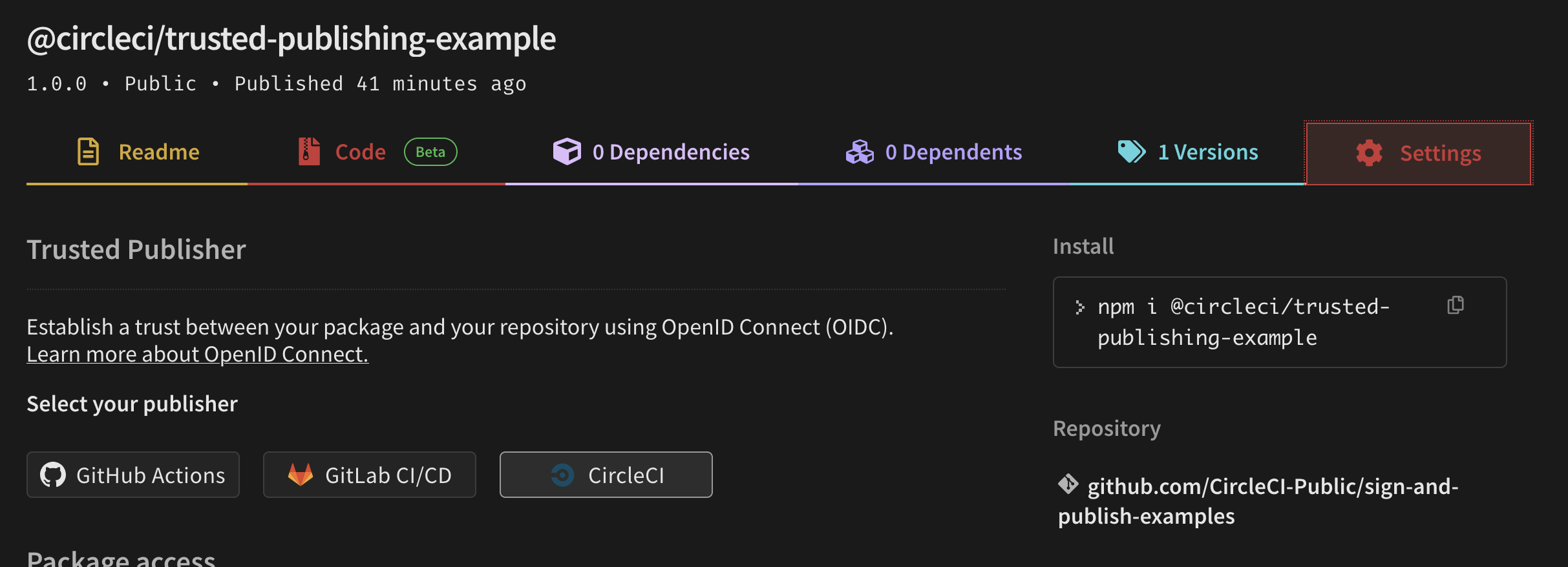 npm package Settings tab showing the Trusted Publisher section with CircleCI selected as the provider