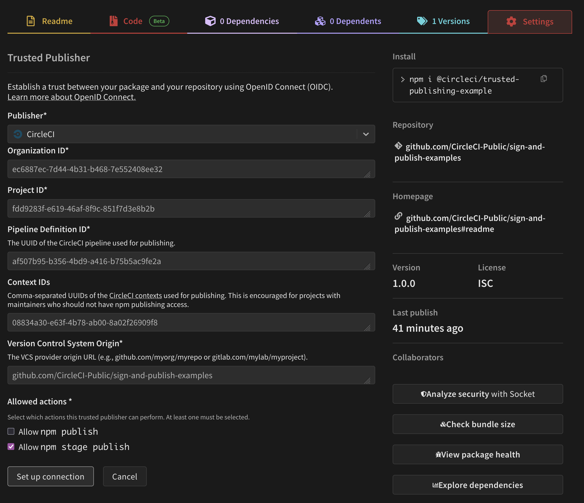 npm Trusted Publisher form for the CircleCI provider with Organization ID