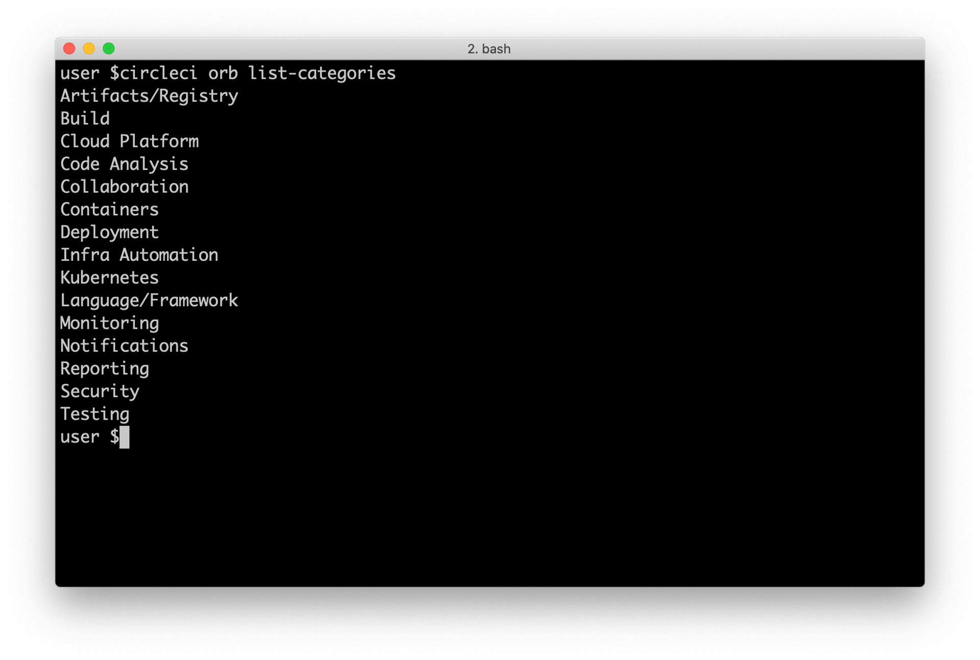 Example of showing listing categories using the CLI