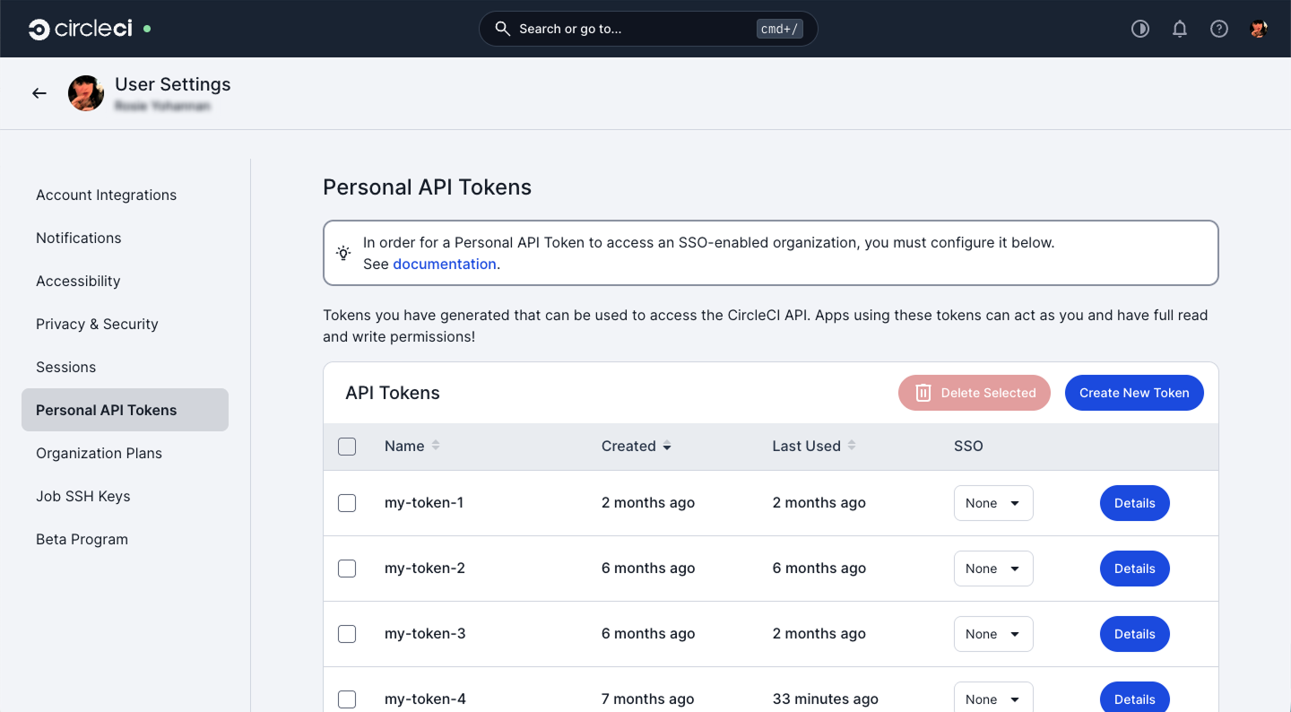 screenshot showing where to find your personal API token settings
