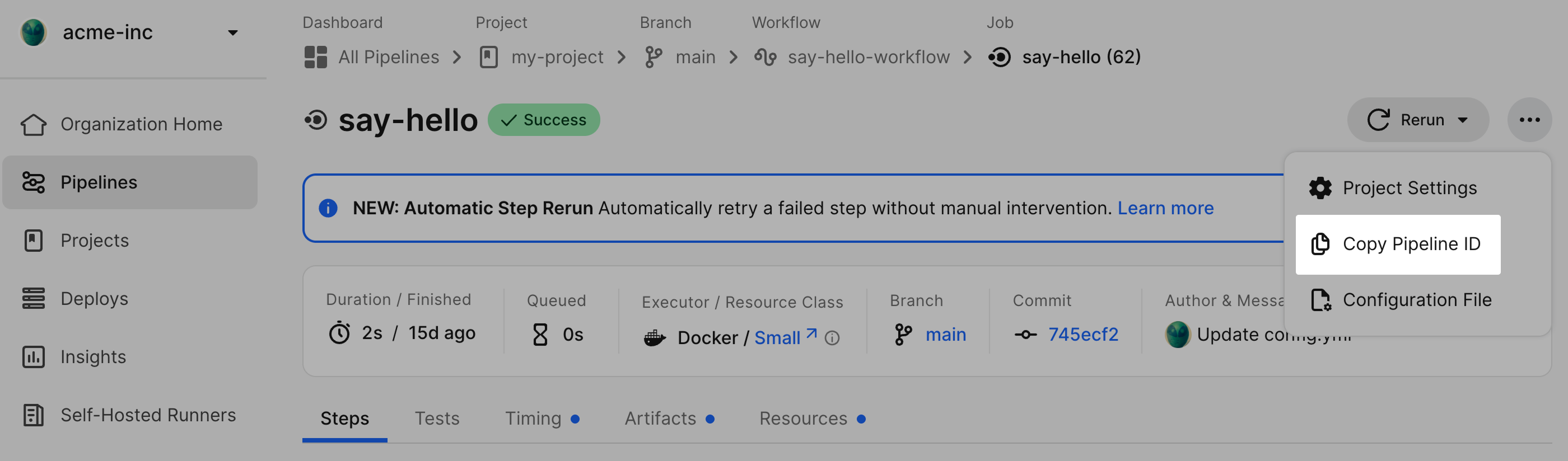 Copy pipeline ID from job page